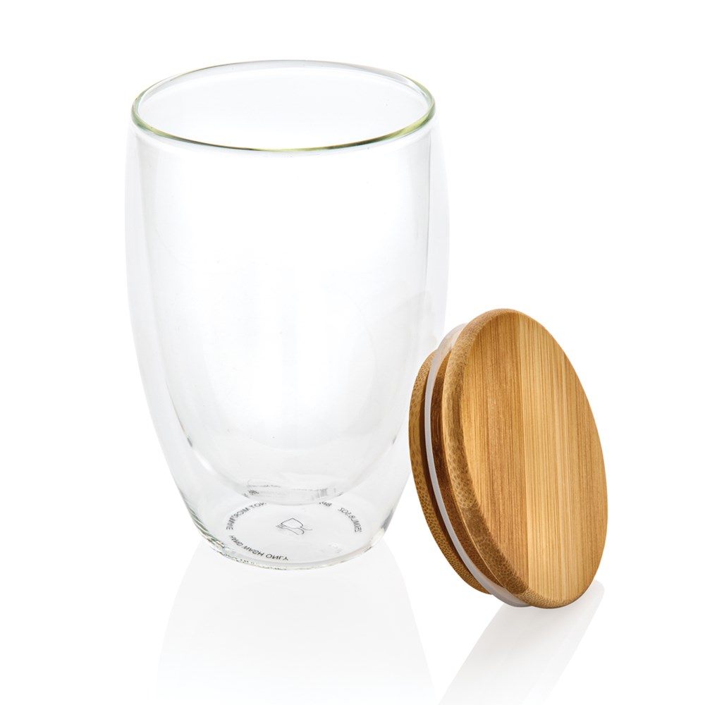 Dubbelwandig borosilicaatglas met bamboe deksel 350ml